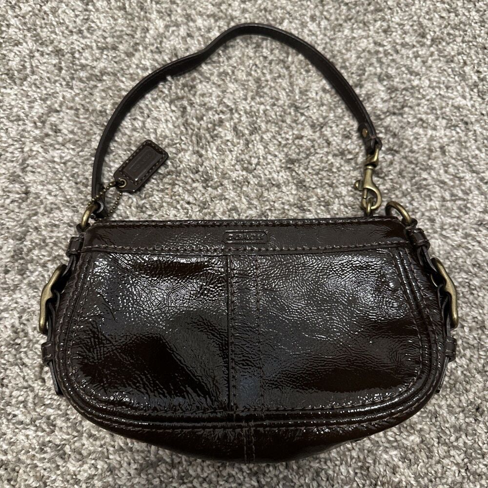 Y2K Coach Zoe Mini Patent Leather Wristlet Shoulder Bag Brown Patent Leather